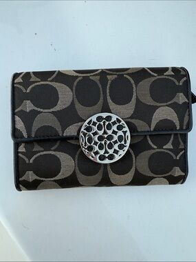 Coach Brown and Tan Signature Canvas Wallet with Silver Medallion